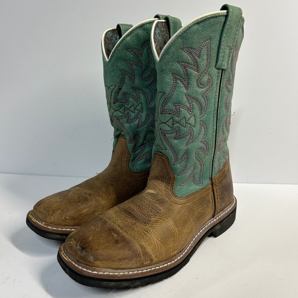 Dan Post Cowboy Boots Brown Teal Youth Size 4 D Square Toe Western DPC3937